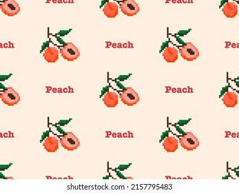 Peach cartoon character seamless pattern on orange background. Pixel style