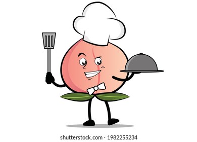 Peach Cartoon mascot or character as a chef holding the spatula and serving plate