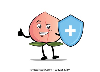 Peach Cartoon mascot or character as a health worker who holds a health protection shield