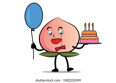Peach Cartoon mascot or character holding balloons and birthday cake at birthday celebration event