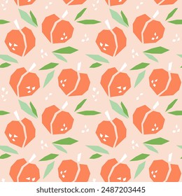 Peach cartoon seamless pattern. Tropical fruits background isolated on white. Peach with leaves and abstract element geometric print for fabric, paper, design. Vector illustration
