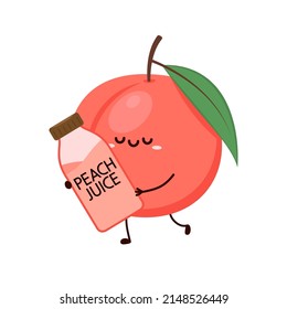 Peach cartoon vector. Doodle peach with leaves icon. Peach fruit isolated on white background. Farm, natural food, fresh fruits. Peach juice.