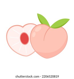 Peach cartoon vector. Doodle peach with leaves icon. Peach fruit in shape of heart isolated on white background. Farm, natural food, fresh fruits.