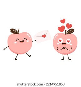 Peach cartoon vector. Doodle peach with leaves icon. Peach fruit in shape of heart isolated on white background. Farm, natural food, fresh fruits.