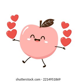 Peach cartoon vector. Doodle peach with leaves icon. Peach fruit in shape of heart isolated on white background. Farm, natural food, fresh fruits.