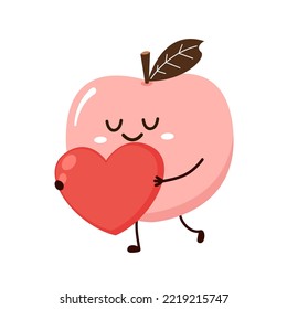 Peach cartoon vector. Doodle peach with leaves icon. Peach fruit in shape of heart isolated on white background. Farm, natural food, fresh fruits.