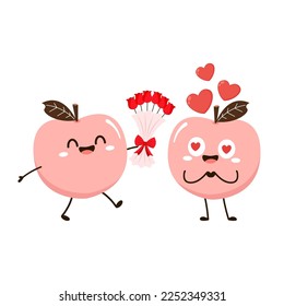 Peach cartoon vector. Cuchara de perro con icono de hojas. Fruto de mimbre en forma de corazón aislado en fondo blanco. Granja, comida natural, fruta fresca.