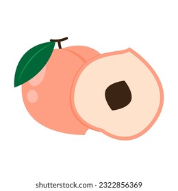 Peach cartoon vector. Doodle peach with leaves icon. Peach fruit in shape of heart isolated on white background. Farm, natural food, fresh fruits.