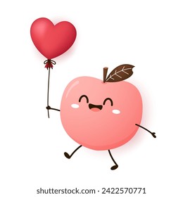 Peach cartoon vector. Doodle peach with leaves icon. Peach fruit in shape of heart isolated on white background. Farm, natural food, fresh fruits.