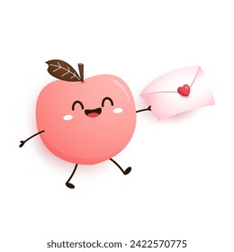 Peach cartoon vector. Doodle peach with leaves icon. Peach fruit in shape of heart isolated on white background. Farm, natural food, fresh fruits.