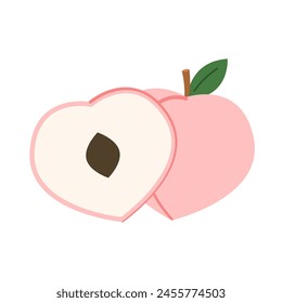 Peach cartoon vector. Doodle peach with leaves icon. Peach fruit in shape of heart isolated on white background. Farm, natural food, fresh fruits.