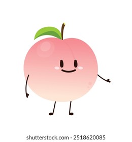 Vector de dibujos animados de melocotón. Doodle melocotón con el icono de hojas. Fruta de melocotón en forma de corazón aislado sobre fondo blanco. Granja, comida natural, frutas frescas.