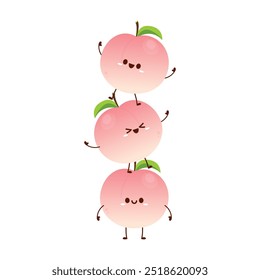 Peach cartoon vector. Doodle peach with leaves icon. Peach fruit in shape of heart isolated on white background. Farm, natural food, fresh fruits.