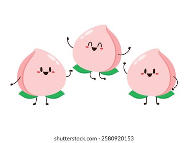 Peach cartoon vector. Doodle peach with leaves icon. Peach fruit in shape of heart isolated on white background. Farm, natural food, fresh fruits.