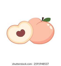 Peach cartoon vector. Doodle peach with leaves icon. Peach fruit in shape of heart isolated on white background. Farm, natural food, fresh fruits.