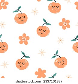 Peach character seamless pattern. Peach with smiley face and flowers. Creative texture for fabric, packaging, textiles, wallpaper, clothing. Vector illustration for kids. Cute fruit background