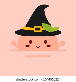 A peach character wearing a witch hat. Happy Halloween