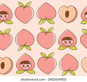 Peach characters and peaches seamless pattern. Vector illustration of cute kids dressed in fruit costumes. Nectarine mascots in colorful trendy style. Hand drawn elements.