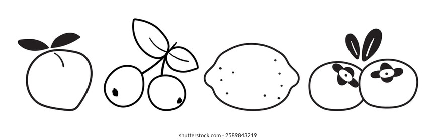 Peach, cherry, lemon, blueberry. Outline isolated icons. Collection of fruits. Hand drawn vector design.