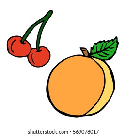 Peach and cherry on white background vector illustration. Symbol of food, sweet, exotic and summer, vitamin, healthy. Cloth design, wallpaper, wrapping, textiles, paper, cards, invitations, holiday