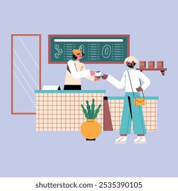 Ilustración del conjunto completo de la actividad de la cafetería del melocotón