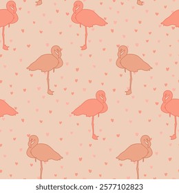 peach color flamingos on repetitive background with hearts. valentine card. vector seamless pattern. baby fabric swatch. wrapping paper. continuous print. design element for home decor, textile, linen