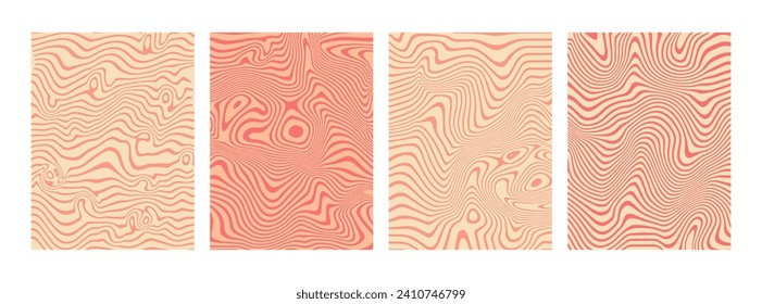 Peach color liquify effect banners. Psychedelic trippy backgrounds. Marble acrylic texture. Groovy retro vintage. Color of the 2024 year - Peach fuzz. 