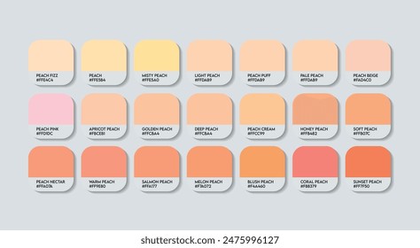 Peach Color Palette, Peach Color Guide Palette with Color Names. Catalog Samples of Peach with RGB HEX codes and Names. Peach Colors Palette Vector, Fashion Trend Cream Color Palette Vector