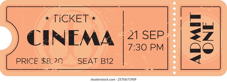 Peach colored cinema ticket featuring a movie showing at 7,30 PM on September 21st, with seat B12 and a price of 8.20, highlighted by the words admit one on the stub