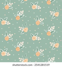 Peach colored rose corsages with olive leaves and grey wattles on sage green background with polka dots. Perfect sweet Valentine’s Day pattern. A seamless vector pattern. Great for home decor, fabric.