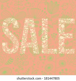 Peach colored sale concept card in vector. Sale text made of flowers on floral seamless background