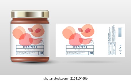 Peach confiture. Sweet jam. Transparent slices, halves and cut fruits. Label and packaging simple design.