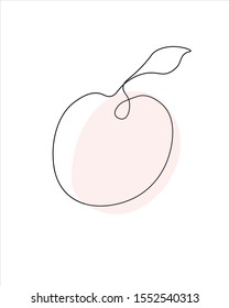 Peach continuous line drawing. One single line organic healthy fruit concept with pink color. Minimalism modern style for logo, icon, card or poster and print graphics design
