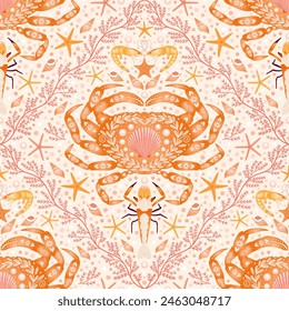 Peach crab crustaceans coral seamless pattern. Orange shrimp conch starfish background. Good for fabric, fashion design, wallpaper, textile, wrapping paper, clothing.