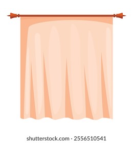 Peach curtain hanging on a wooden curtain rod isolated on white background