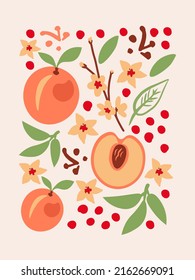 Peach cute card with doodles. Hand drawn fruit summer vector illustration, greeting card, invitation with peach, leaf, flower, bossom, spots, dots, branches,  silhouette elements set, collection