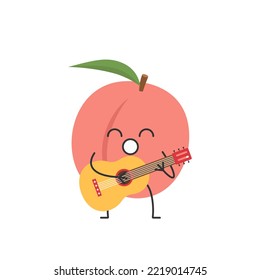 Peach cute character cartoon plays the guitar sings juicy sweet fruit smiling face cheerful kawaii joy happy emotions icon vector illustration.