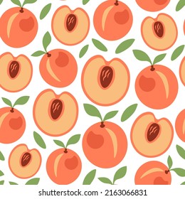 Peach lindo patrón colorido. Jugoso de fruta lindo vector de verano sin fisuras ilustración con mitad de melocotón y hoja