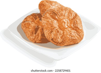 Peach Danish pastries. A layered dessert made either of puff pastry or yeast-leaven dough. There are photo and vector versions for design idea. Puff pastry sheet is baked and added with sugared peach 