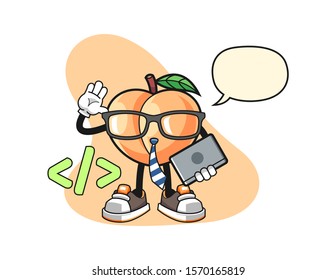 Peach developer with speech bubble cartoon. Mascot Character vector.