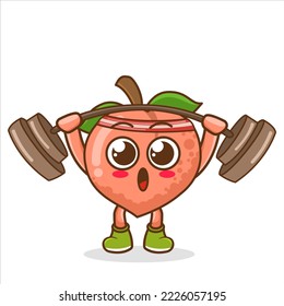 peach doing weightlifting. Peach fitness hold dumbbell, Mascot Character vector.