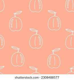 Peach doodle seamless pattern. Cute peach colored food endless background with glittering hand drawn peaches. Fruit repeat vector illustration