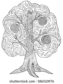 Peach doodle tree with leaves isolated on the white background.