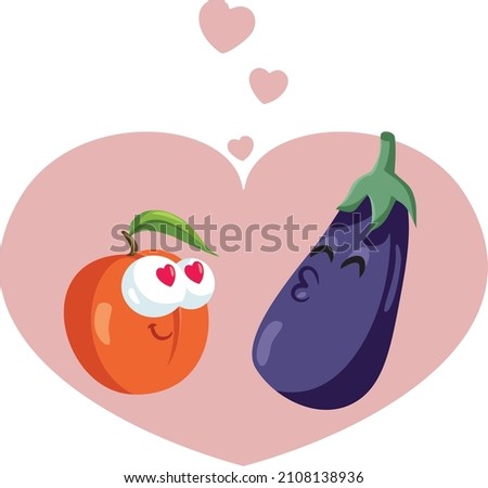 

Peach and Eggplant in Love Vector Cartoon Illustration. Symbols of love and lust in sexting slang and emoticon chatting
