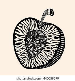 peach exotic fruit with abstract pattern. Vector illustration. Hand drawn Doodle artwork. Summer concept for party card, ticket, branding, logo, label. Black, beige color