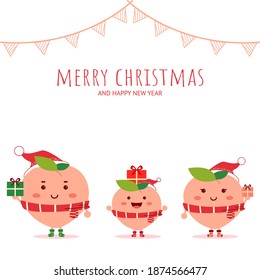 Peach family. Peach character. Cute style merry christmas background.