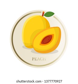 Peach flat circle sticker. Sliced tropical exotic fruit vector illustration. Eco, organic homemade juice, jam patch. Fresh healthy vitamins rich food. Summer cocktails ingredient