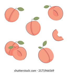 Peach flat collection with pink and green colors. Set fruit variation.