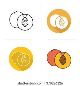 Peach flat design, linear and color icons set. Ripe sliced peaches icons. Couple sweet tropical fruits. Peach half. Long shadow logo concept. Peach isolated vector illustrations. Infographic elements