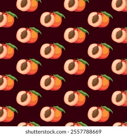 Peach flat seamless pattern on brown background. Wrapping paper, gift card, poster, banner design. Home decor, modern textile print. Summer bright geometric fruits patterned.